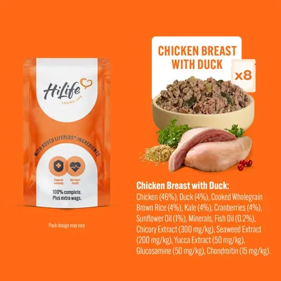 Chicken breast with duck food, pack of 8. Ingredients: chicken 46%, duck 4%, brown rice 4%, kale 4%, cranberries 4%, sunflower oil, minerals, fish oil, chicory, seaweed, yucca, glucosamine, chondroitin.