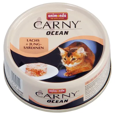 Scatoletta Animonda Carny Ocean per gatti, testo visibile: Lachs + Jung-Sardinen. Immagine di un gatto e porzione di alimento su piatto. Testo in tedesco.