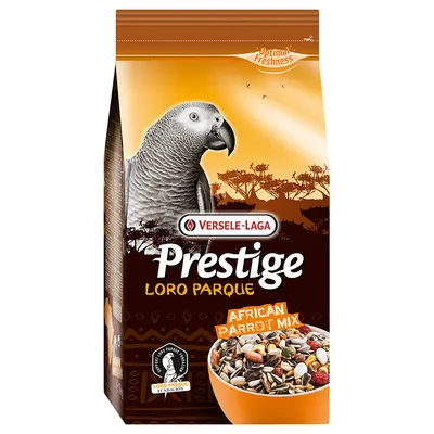 Versele-Laga Prestige Loro Parque African Parrot Mix, papegojfoder med optimal friskhet, stöds av Loro Parque Fundación.