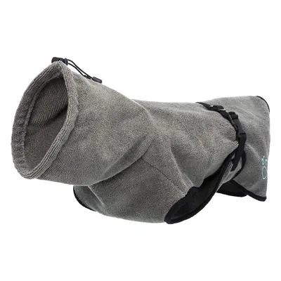 Manteau pour chien en tissu gris, fermeture par boucle noire et cordon de serrage visible au niveau du cou, motif patte turquoise sur le côté.