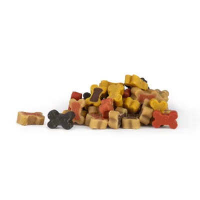 Bunte Hundesnacks in Knochenform, verschiedene Farben: Gelb, Rot, Braun und Beige. Kleine Grösse, geeignet für Belohnungen oder Training.