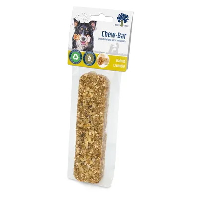 Blue Tree Chew-Bar, getreidefrei und leicht verdaulich, Sorte Walnut Crumble. Verpackung zeigt Nussstückchen und Hundegrafik.