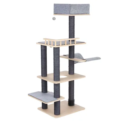 Cat tree with multiple levels, sisal-wrapped posts, wooden and fabric resting platforms, and a top cave with play ball.