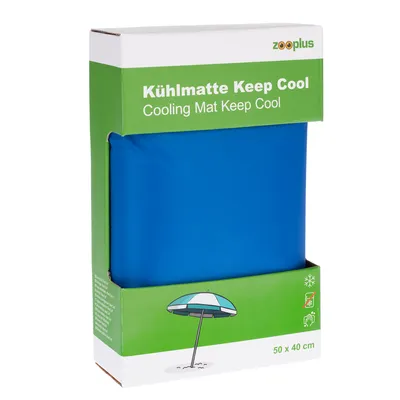 Kylmatta Keep Cool från Zooplus, storlek 50 x 40 cm. Förpackningen visar blå matta och symboler för kylning, ingen strömkälla krävs och enkel användning.