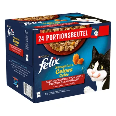 Boîte Purina Felix Sensations Gelées Sélection de la campagne, 24 sachets portions, avec bœuf, poulet, canard, agneau. Texte visible en allemand et français sur l’emballage.