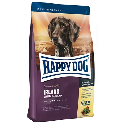 Happy Dog Supreme Sensible Irland Lachs & Kaninchen, Adult, 11 kg. Tekst: Made in Germany, Sensitive Proteine, Natural Life Concept, med 12 % laks – optimal for hud og pels.