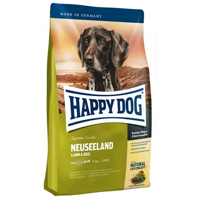 Confezione di crocchette Happy Dog Supreme Sensible Neuseeland Lamm & Reis, Adult, 11 kg. Testo visibile: Made in Germany, Natural Life Concept.