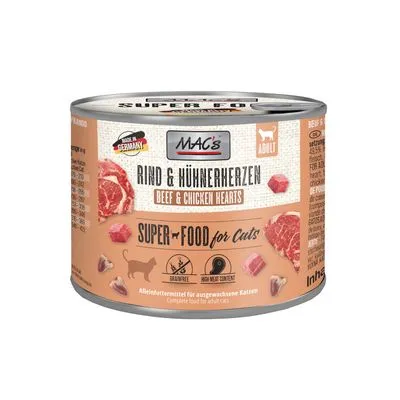 MAC's Rind & Hühnerherzen Beef & Chicken Hearts natvoer voor katten, Super Food for Cats, adult, zichtbaar rundvlees en kippenharten, gemaakt in Duitsland. Tekst deels in het Duits en Engels.