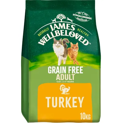 James Wellbeloved Grain Free Adult Cat 1–7 years, Turkey, 10 kg. Texte visible : hypoallergenic, for pets with sensitivities. Deux chats illustrés sur l’emballage.