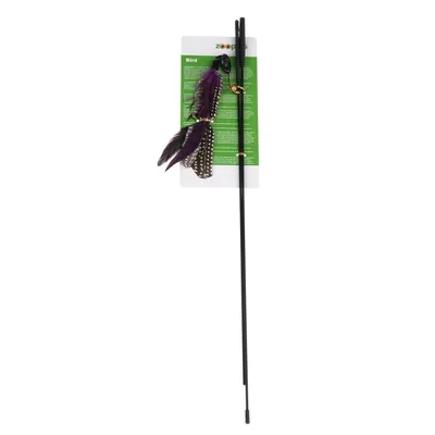 Gioco per gatti Zooplus Bird: frutti di boscotta nera con piume viola e marroni, confezione con etichetta verde e testo descrittivo.