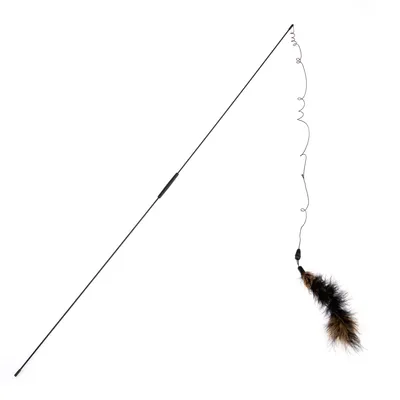 Wędka do zabawy z czarnym i brązowym piórem na końcu, odpowiednia do interaktywnej zabawy.