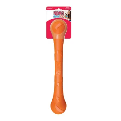 KONG Squid Stick, orange dog toy with squeaker. Packaging displays product name and image of a woman with dog.