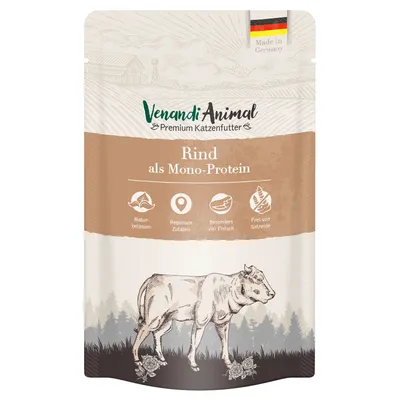 Venandi Animal Premium karma dla kotów, wołowina jako jedno źródło białka. Naturalne, regionalne składniki, dużo mięsa, bez zbóż. Wyprodukowano w Niemczech.