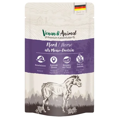 Venandi Animal Premium karma dla kotów, koń jako jedno źródło białka, naturalna, regionalne składniki, dużo mięsa, bez zbóż, wyprodukowana w Niemczech.
