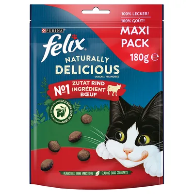 Purina Felix Naturally Delicious Snacks Maxi Pack 180g, Hauptzutat Rind, mit Goji-Beeren, hergestellt ohne Farbstoffe.