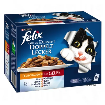 Felix So gut wie es aussieht Doppelt Lecker Fleischauswahl in Gelee, 12 x 100 g. Rind, lam, kalkun, kylling, kalv, lever, nyre, fjerkræ. 100 % dækket dagsbehov vitamin D & E.