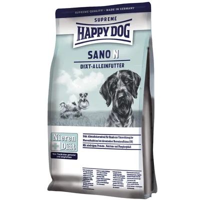 Happy Dog Supreme Sano N Diät-Alleinfutter, Nieren Diät, text: Von Tierärzten getestet und empfohlen. Bild på två hundar på förpackningen.