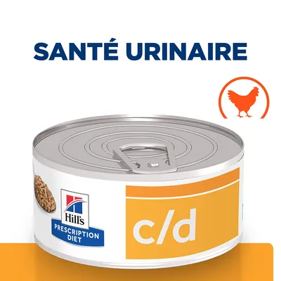 Boîte Hill's Prescription Diet c/d, mention 'santé urinaire', symbole poulet orange, étiquette jaune et blanche visible sur l'emballage.