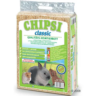 CHIPSI classic QUALITÄTS-HEIMTIERBETT, упаковка 60 литров; изображены хомяк, кролик и морская свинка. Видны надписи: очищено, из свежей древесины, сильная защита от запаха, 100% компостируемо.