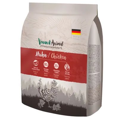 Venandi Animal Premium krmivo pro kočky kuře. Bohaté na čerstvé maso, 80 % živočišných bílkovin, 20 % rostlinných bílkovin, bez obilovin. Vyrobeno v Německu s německou vlajkou.