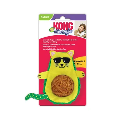 KONG Wrangler catnip toy with removable ball, ideal for healthy play and catching. Soft body, long tail for extra fun.