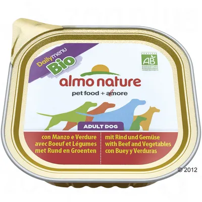 Almo Nature Daily Menu Bio, ADULT DOG, pet food + amore, mit Rind und Gemüse, certifikát AB Agriculture Biologique na obale. Viacjazyčný popis hovädzie a zelenina.