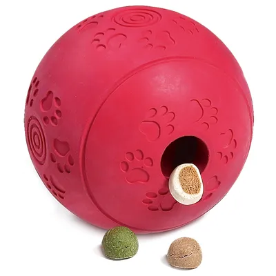 Piros gumilabda tappancsmintával, oldalán nyílással, amelyből jutalomfalat látható. Előtte három különböző színű falatka van.