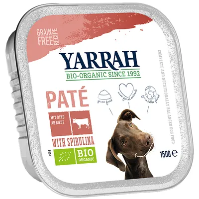 Yarrah Bio-Organic Since 1992 Paté with Spirulina, mit Rind au Boeuf, grain free recipe, BIO organic, 150g. Visible dog image and icons: pure food, care for all animals, for a better planet.