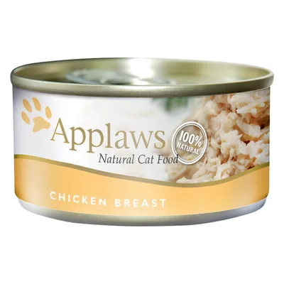 Scatoletta Applaws Natural Cat Food, 100% natural, gusto Chicken Breast. Testo visibile: 'Applaws', 'Natural Cat Food', '100% natural', 'Chicken Breast'.