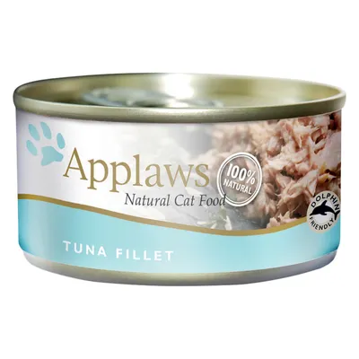Scatoletta Applaws Natural Cat Food, testo visibile: 100% natural, tuna fillet, dolphin friendly. Immagine di filetto di tonno sul lato destro dell'etichetta.