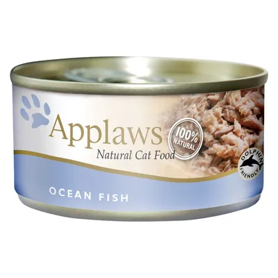 Applaws Natural Cat Food, 100% Natural, Ocean Fish, Dolphin Friendly. Dåse med kattemad og synlige fiskestykker på etiketten.