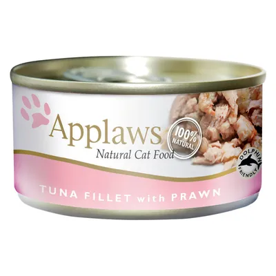 Applaws Natural Cat Food dåse, 100% Natural, TUNA FILLET with PRAWN, Dolphin Friendly. Billede af tun og rejer synligt på etiketten.