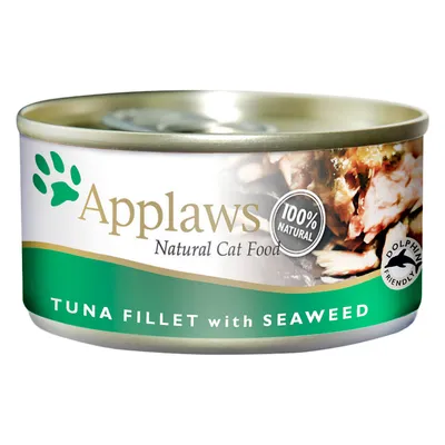 Applaws Natural Cat Food dåse, 100% Natural, TUNA FILLET with SEAWEED, Dolphin Friendly synligt på emballagen.