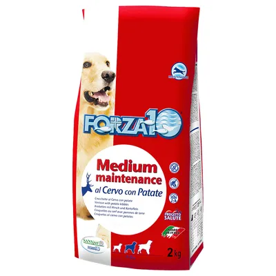 Корм Forza10 Medium maintenance al Cervo con Patate для собак, 2 кг. Видна надпись: Made in Italy, изображение собаки и значки сертификации. Корм Forza10 Medium maintenance al Cervo con Patate для собак, 2 кг. Видна надпись: Made in Italy, изображение собаки и значки сертификации.