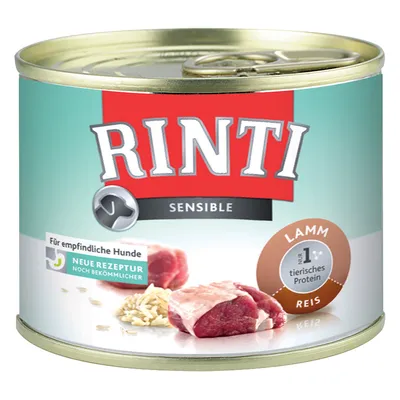 RINTI Sensible Lamm Reis, scritta in tedesco: Für empfindliche Hunde, Neue Rezeptur, nur 1 tierisches Protein. Immagine di carne e riso sulla confezione.