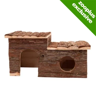 Wooden pet house with two entrances and a flat roof, shown with a green corner label stating 'zooplus exclusive'.