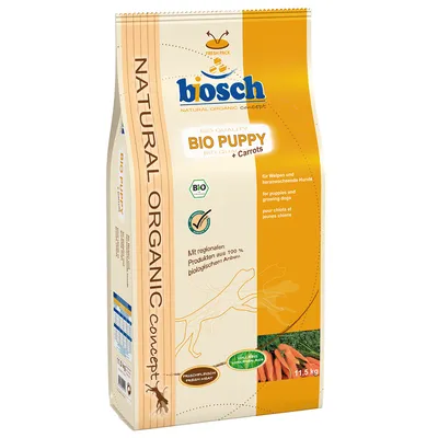 Bosch Bio Puppy s mrkvom, 11,5 kg. Za štence i mlade pse. S regionalnim proizvodima iz 100% organskog uzgoja. Sadrži bio certifikat i svježe meso.