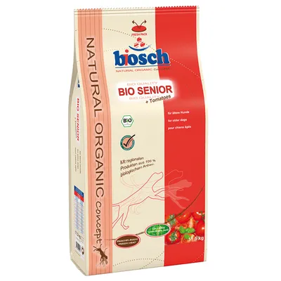 Bosch Bio Senior hrana za pse s rajčicama, 1,5 kg. S regionalnim proizvodima iz 100% organskog uzgoja. Za starije pse. Sadrži bio certifikat i svježe meso.