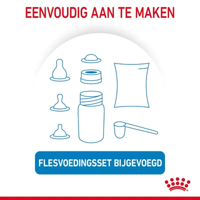 Eenvoudig aan te maken. Flesvoedingsset bijgevoegd. Afbeelding van fles, spenen, doseerlepel en zakje poeder. Royal Canin merk zichtbaar.