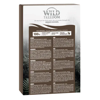 Wild Freedom корм для кошек, упаковка с указанием: 100% мышечное мясо, беззерновой рецепт, соответствующее виду питание. Описание на нескольких языках.