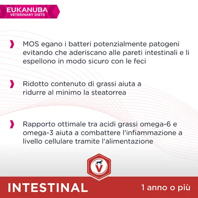 Eukanuba Veterinary Diets Intestinal: MOS egano i batteri patogeni, ridotto contenuto di grassi per minimizzare la steatorrea, rapporto omega-6/omega-3 aiuta a combattere l'infiammazione. 1 anno o più.