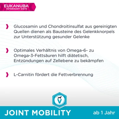 Eukanuba Veterinary Diets Joint Mobility: Glucosamin und Chondroitinsulfat unterstützen gesunde Gelenke. Omega-6/Omega-3-Fettsäuren bekämpfen Entzündungen. L-Carnitin fördert Fettverbrennung.