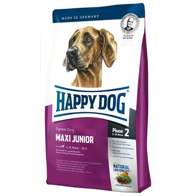 Balenie krmiva Happy Dog Maxi Junior, Supreme Young, Phase 2, pre veľké plemená 6–18 mesiacov. Viditeľný text: Made in Germany, Natural Life Concept.