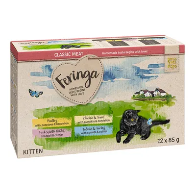 Feringa Classic Meat Kitten, grain-free recipe. Varieties: poultry with potatoes & dandelion, chicken & trout with pumpkin & dandelion, salmon & turkey with carrots & catnip. 12 x 85g.