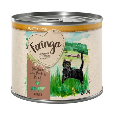 Feringa Country Style, Adult kattefoder med kylling, svin og oksekød. Dåse 200g.