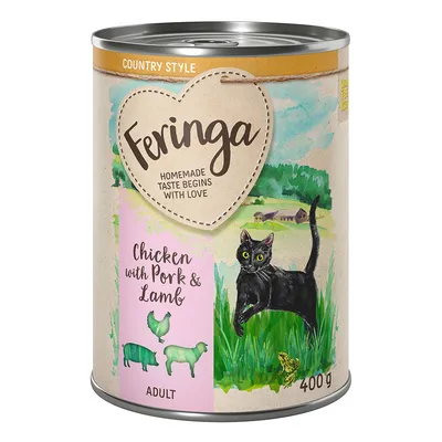 Feringa Country Style, Nassfutter für Katzen, Sorte: Chicken mit Pork & Lamb, 400g Dose, Adult. Mit Illustration einer schwarzen Katze und ländlicher Landschaft.