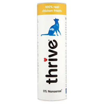 Thrive cat treats, 100% real chicken, 0% nonsense. Packaging with yellow lid and blue cat symbol.