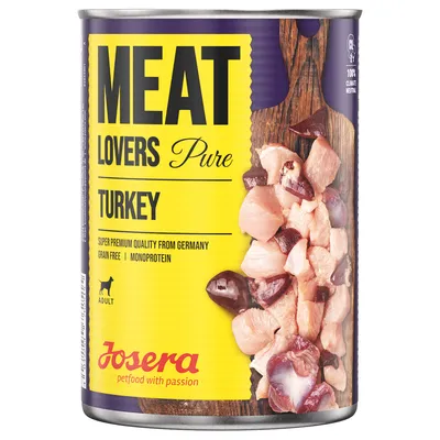 Josera Meat Lovers Pure Turkey, Super Premium Quality from Germany, grain free, Monoprotein, 100% klimaneutral, Adult. Dose mit Fleischstücken abgebildet. Josera Meat Lovers Pure Turkey, Super Premium Quality from Germany, grain free, Monoprotein, 100% klimaneutral, Adult. Dose mit Fleischstücken abgebildet.