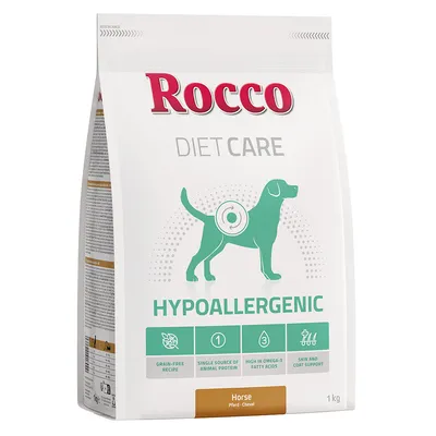 Rocco Diet Care Hypoallergenic, Horse, 1 kg. Texte visible : grain-free recipe, single source of animal protein, high in omega-3 fatty acids, skin and coat support.