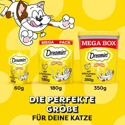 Dreamies mit köstlichem Käse in drei Grössen: 60g, 180g Mega Pack, 350g Mega Box. Text: Die perfekte Grösse für deine Katze.
